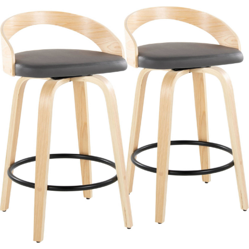 Grotto 26" Swivel Counter Stool in Natural Wood & Grey Leatherette with Black Footrest (Set of 2)